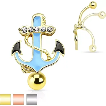 Piercing Piercing do bříška z oceli 316L, modrá kotva s lanem a čirými zirkony - Barva piercing: Zlatá