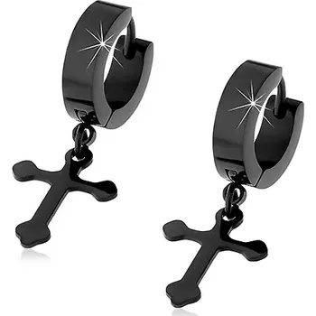 Náušnice Černé ocelové náušnice s visícím berličkovým křížem, kloubové zapínání