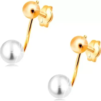 Náušnice Náušnice ve žlutém 14K zlatě - lesklá kulička a bílá perla na tyčince