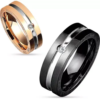 Prsten Prsten z chirurgické oceli, měděná a stříbrná barva, kulatý čirý zirkon, 6 mm - Velikost: 49