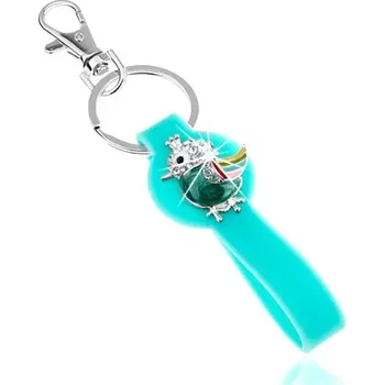 Přívěsek na klíče, silikonová část v tyrkysové barvě, pestrobarevný ptáček