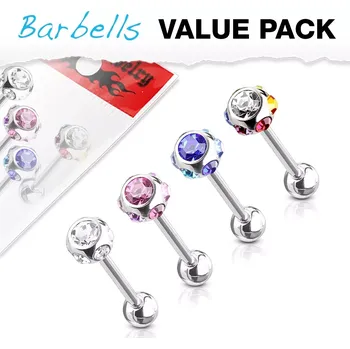 Souprava šperků Set ocelových piercingů do jazyka - barevná multi-zirkonová kulička