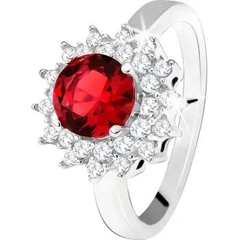Prsten Prsten s červeným kulatým kamenem a čirými zirkonky, sluníčko, stříbro 925 - Velikost: 50