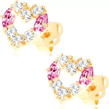 Náušnice Náušnice ze žlutého 14K zlata - kontura srdce zdobená čirými a růžovými zirkony