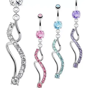 Piercing Piercing do bříška z oceli 316L stříbrné barvy, asymetricky zvlněné linie - Barva zirkonu: Aqua modrá - Q