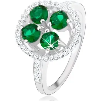 Prsten Zásnubní stříbrný prsten 925, kruhový blyštivý květ, zelené zirkony - Velikost: 53