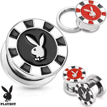 Piercing Tunel plug do ucha z oceli 316L, stříbrná barva, zajíček Playboy - Tloušťka : 16 mm, Barva piercing: Červená