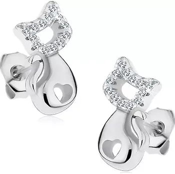 Náušnice Stříbrné náušnice 925, lesklá kočka se srdíčkovitým výřezem a čirými zirkony
