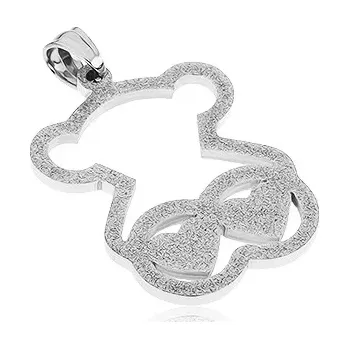 Přívěsek Přívěsek z oceli stříbrné barvy, třpytivý obrys medvídka, dvě srdce