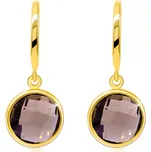 Zlaté 14K náušnice - broušená záhněda v kulaté objímce visící na úzkém oblouku