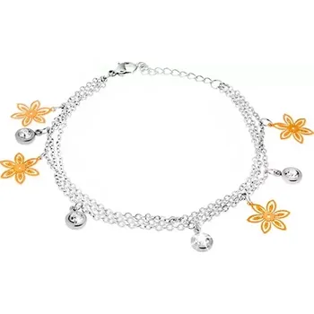 Náramek Náramek na ruku - tři řetízky, květy zlaté barvy, kruhové objímky s kamínky