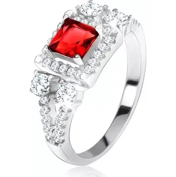 Prsten Prsten ze stříbra 925, červený čtvercový kámen, zirkonové "V" - Velikost: 57
