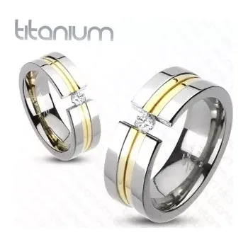 Prsten Prsten z titanu - dva zlaté pásy, zirkon - Velikost: 49