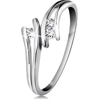Prsten Diamantový zlatý prsten 585, tři zářivé čiré brilianty, rozdělená ramena, bílé zlato - Velikost: 53