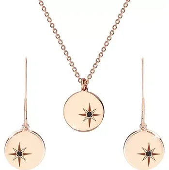 Náhrdelník Stříbrný set 925 růžovozlaté barvy - náhrdelník a náušnice, kruh s Polárkou, černý diamant