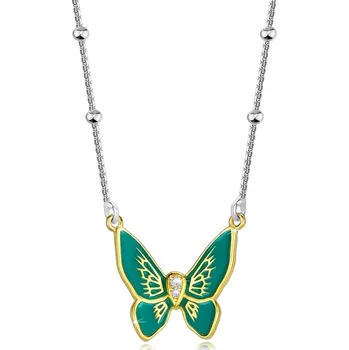 Náhrdelník Stříbrný 925 náhrdelník - motýl se zelenými křídly, tělo se zirkony, hladké korálky