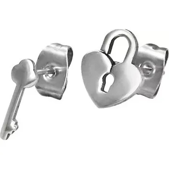 Náušnice Lesklé ocelové náušnice - rozdílný vzor - zámek a klíč, puzetky