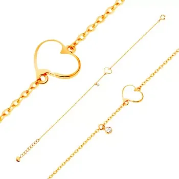 Náramek Šperky Eshop Zlatý 14K náramek - bílé nesouměrné srdce a čirý zirkonek, tenký řetízek 165 mm