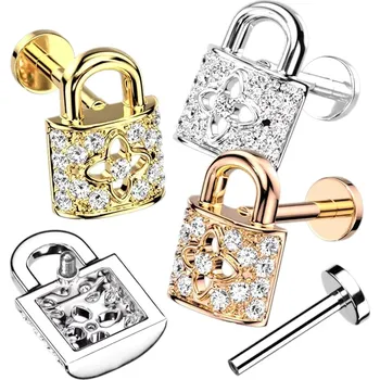 Piercing Ocelový labret - motiv visacího zámku s květinou a kubickými zirkony, vnitřní závit, 6 mm - Barva: Stříbrná