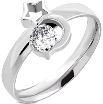 Prsten Ocelový prsten stříbrné barvy, měsíc, obrys hvězdy a čirý zirkon - Velikost: 57