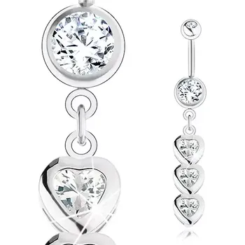 Piercing Piercing do bříška z oceli 316L, banánek, tři čirá zirkonová srdce pod sebou