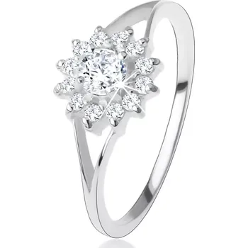 Prsten Zásnubní prsten ze stříbra 925, čirý zirkonový kvítek, rozdvojená ramena - Velikost: 50