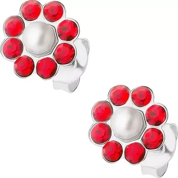 Náušnice Stříbrné náušnice 925, červený kvítek s bílou perličkou uprostřed