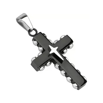 Přívěsek Šperky Eshop Přívěsek - černý ocelový kříž, stříbrné nýty Černá