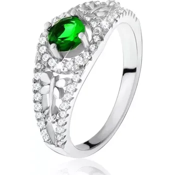 Prsten Čirý zirkonový prsten se zeleným kamínkem, vážky, stříbro 925 - Velikost: 51