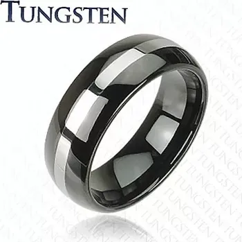 Prsten Černý prsten z wolframu, pás stříbrné barvy, zaoblený povrch, 8 mm - Velikost: 49
