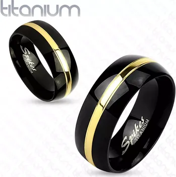 Prsten Černý prsten z titanu, lesklý oblý povrch, pás zlaté barvy, 8 mm - Velikost: 62