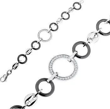 Náramek Náramek z černých keramických kruhů a z ocelových článků, čiré zirkony