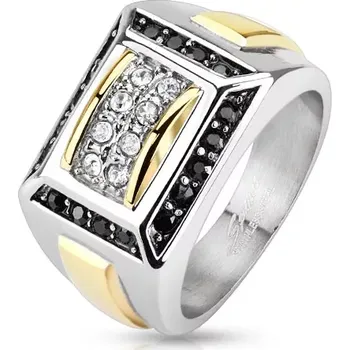 Prsten Ocelový prsten stříbrné a zlaté barvy, černé a čiré zirkony, obdélníky - Velikost: 67