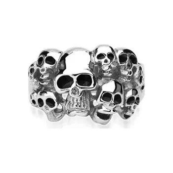 Prsten Prsten stříbrné barvy z oceli 316L - deset lebek s černou glazurou - Velikost: 69