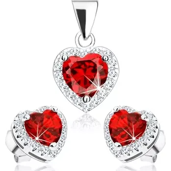Souprava šperků Šperky Eshop Stříbrná sada 925, přívěsek a náušnice, červený zirkon - srdíčko, čirý okraj