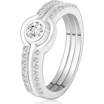 Prsten Trojdílná sada tří prstýnků z 925 stříbra - malé lesklé zirkony, čirý zirkon v objímce - Velikost: 56