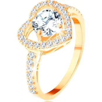 Prsten Prsten ve žlutém 14K zlatě - velký blýskavý obrys srdce s kulatým zirkonem - Velikost: 48