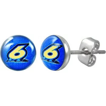 Náušnice Kulaté ocelové náušnice - číslice šest na modrém podkladu, čirá glazura, puzetky