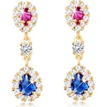 Zlaté náušnice 14K s růžovou a modrou zirkonovou kapkou