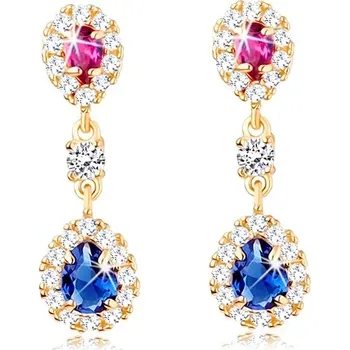 Náušnice Zlaté náušnice 14K s růžovou a modrou zirkonovou kapkou