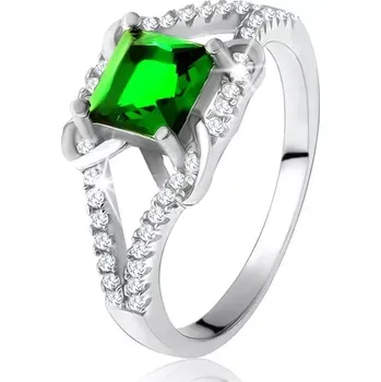 Prsten Prsten ze stříbra 925, čtvercový zelený zirkon, rozdvojená ramena, X - Velikost: 52