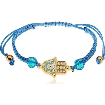 Náramek Šperky Eshop Nastavitelný náramek na ruku z modrých šňůrek, symbol Hamsa, čiré zirkony 150 mm
