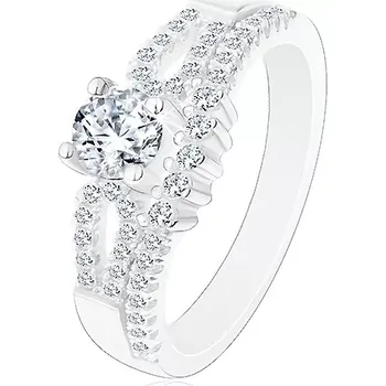 Prsten Blýskavý zásnubní prsten, stříbro 925, výřezy na ramenech, čiré zirkony - Velikost: 52