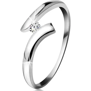 Prsten Diamantový prsten z bílého 14K zlata - zářivý čirý briliant, lesklá zahnutá ramena - Velikost: 56