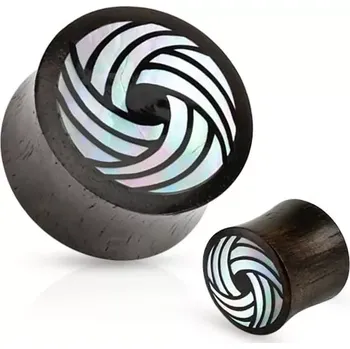 Piercing Černý dřevěný plug, sedlový, zahnuté linie z perleti bílé barvy - Tloušťka : 14 mm