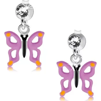 Náušnice Stříbrné 925 náušnice, čirý krystalek, motýl s fialovými křídly a s výřezy