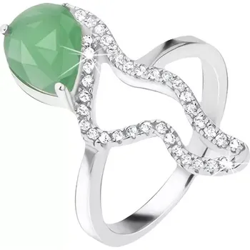 Prsten Prsten ze stříbra 925 - zelený slzičkový kámen, zirkonová zvlněná linie - Velikost: 54