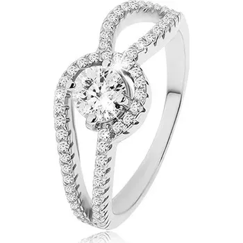 Prsten Stříbrný prsten 925, zdobená zaoblená ramena, kulatý čirý zirkon, vroubkování - Velikost: 68