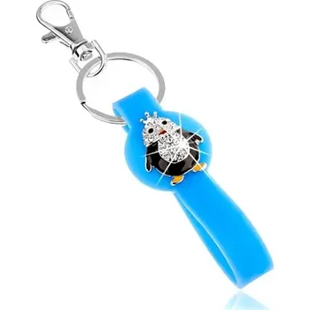 Klíčenka, modrý přívěsek ze silikonu, malý tučňáček, zirkony, barevná glazura
