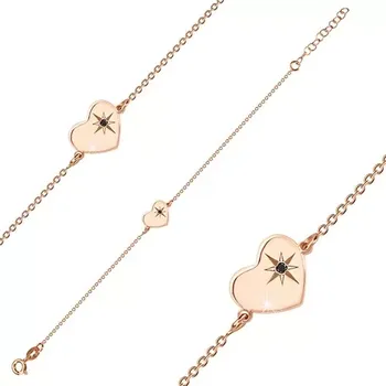 Náramek Stříbrný 925 náramek růžovozlaté barvy - lesklé srdce, severní hvězda, černý diamant